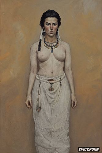 textured paint, flat chest beautiful native american women with a white lily