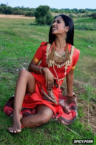 photorealistic, a photogenic vulnerable dominated young petite realistic hindu gujarati villager beauty housewife with natural motherly body teases to appeases her viewer by shifting her villager clothing opening her manicured vulva by spreading her legs