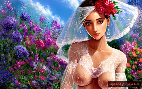 flower arabesque background, large eyes, syrian girl, no color