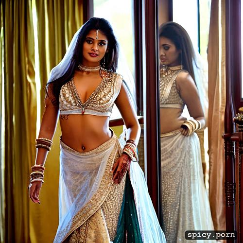indian sexy female hindu bride urmila, slicked hair, diamond arm jewellery