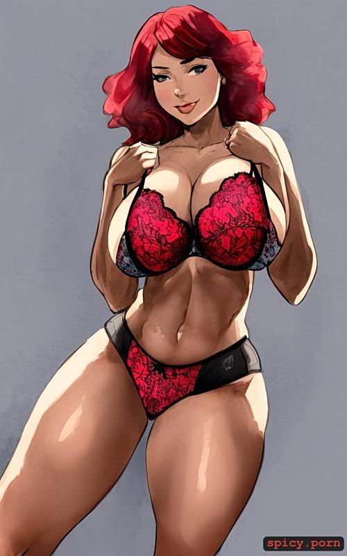 sexy smile, high resolution, fit girl, red hair, double d, bra