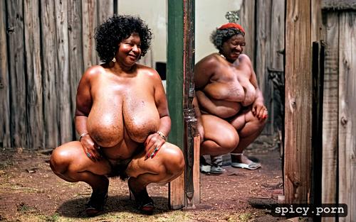 oiled body, squatting, 60 years old, medium boobs, color, freckles