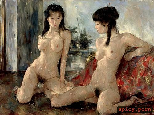 glistening skin, perky nipples, small boobs, detailed face, art by da zhong zhang