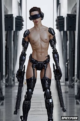 cinematic shot, six pack abs, no clothing, realistic hands, wearing cybernetic mind control vr headset