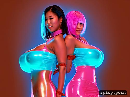 oversized tits, fake, bimbo, bondage, mongolian, neon club background