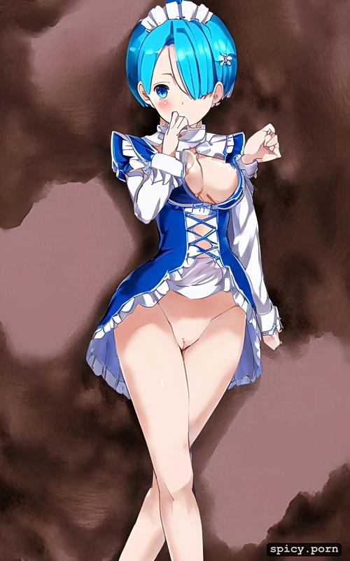 small dick, rem rezero blue hair, maid outfit, 8k, small, detailed eyes