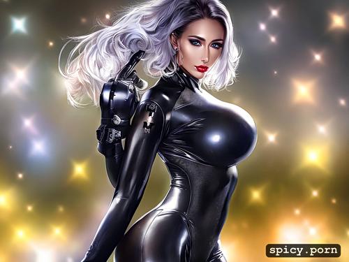 portrait, short hair, beautiful, busty, latex suit, tall, athletic woman