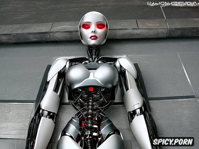 internal robotic parts visible in the abdomen, sexy blonde robot with fully metallic body and huge tits