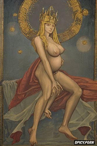 holding a small ball, altarpiece, pregnant, halo, classic, spreading legs shows pussy