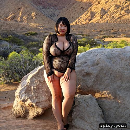 thick body, huge tits, goddess, bobcut hair, in desert, black hair