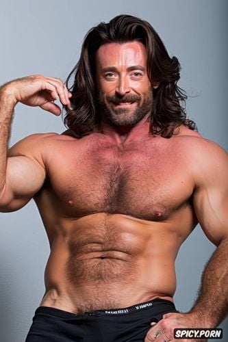 some body hair, nice abs, solo man body muscular, big bush, uncut tattooed arms perfect face big erect penis hugh jackman face