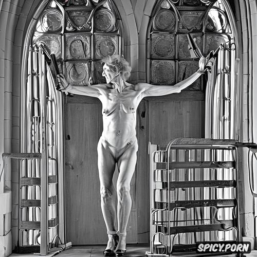 bdsm, nude, church cathedral, reading a book, hollow sunken belly