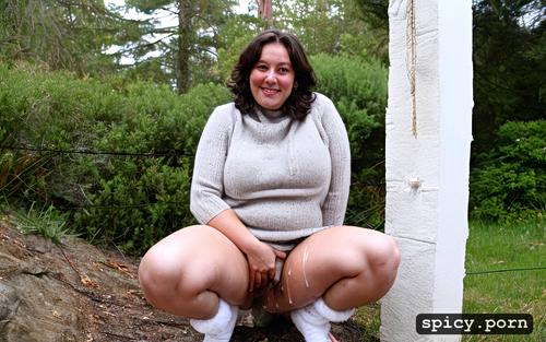 legs spread, thick public hair, very very large clitoris, dripping cum