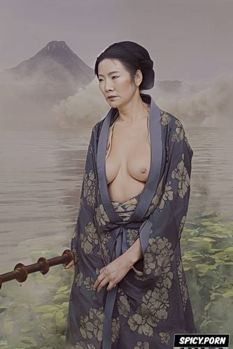 lifting one knee, ilya repin painting, torn kimono, smokey, steam