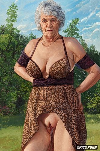 fat granny, very wide hips, the very old fat grandmother skirt has nude pussy under her skirt