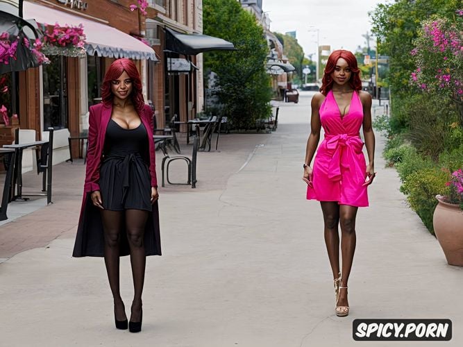 black american model, red hair, focus on great legs center of frame