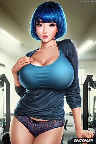 blue hair, thick body, bobcut hair, in gym, beautiful face, huge breasts