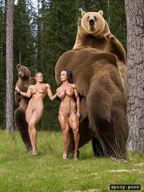 nude muscle woman vs bear, ultra detailed, peril, masterpiece