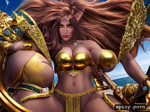 covered sword in hand, ultra realistic, giant massive gigantic heavy saggy female tits