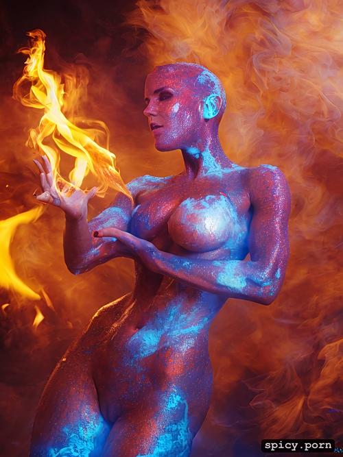 sharp focus, fiery emmawatson with fire smoke around her, cinematic shot