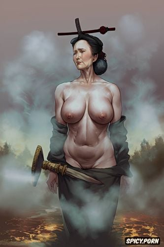 small breasts, old japanese grandmother, samurai sword, fat hips