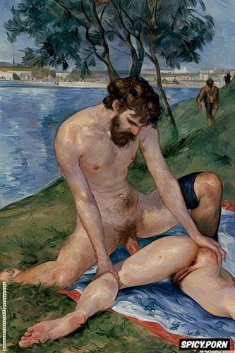 very hairy vagina, licking her ear, vagina, white couch, manet