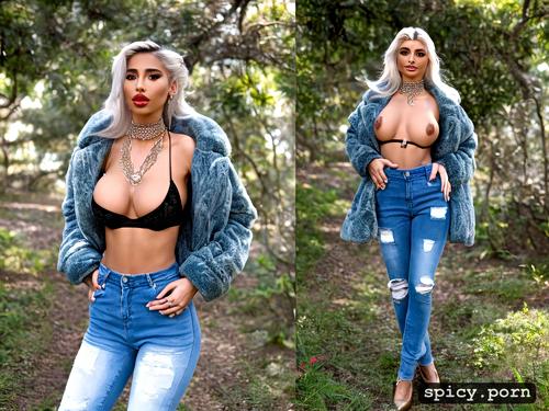 wearing lace bra and denim jeans, tress, glossy image, straight hair