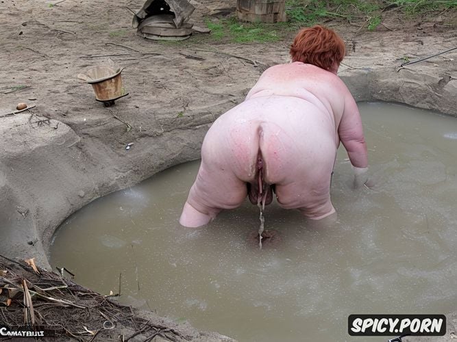 in filthy piss filled bathtub, naked obese bbw granny, massive belly