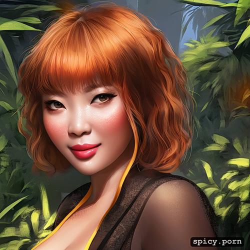 portrait, ginger hair, happy face, jungle, 60s, chubby body