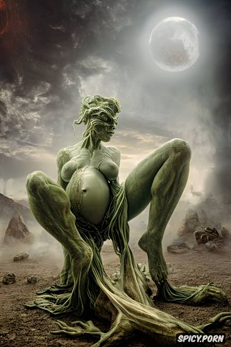 pregnant woman, ultra extrem busty, legs spread wide open, having sex with green man from mars