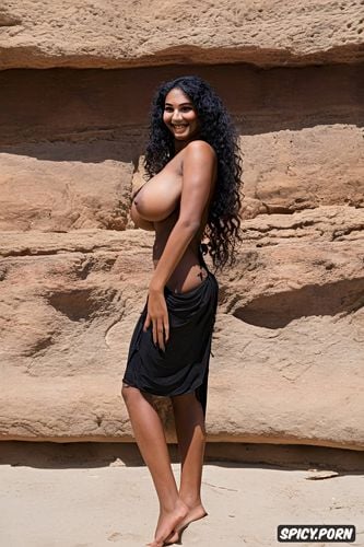 nude, very long black wavy hair, arabian jewelry, gigantic saggy boobs