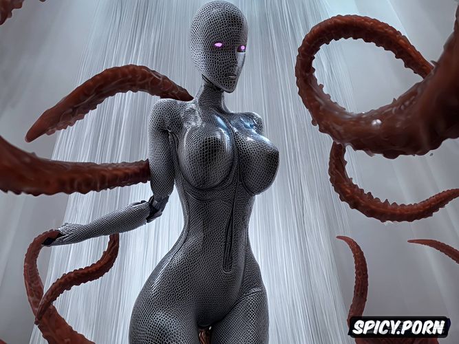 woman vs robot tentacle vagina probe model, vibrant, crams its girth into her vagina