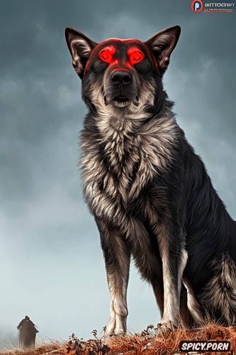 big black dog, aggressive, rural highway, fiery red glowing eyes