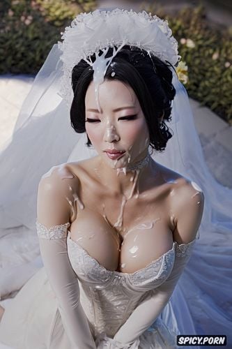 glasses, two busty natural japaneses wearing wedding dress with cum on face and boobs