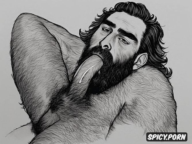 35 yo, dark hair, rough sketch of a naked bearded hairy man sucking a big penis