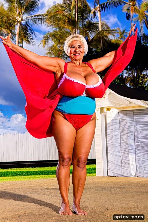 performing on stage, giant hanging boobs, sharp focus, intricate beautiful hula dancing costume