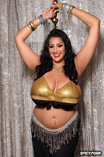 gorgeous bellydancer, extremely long wavy dark hair, massive saggy melons