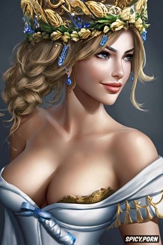 mercy overwatch beautiful face young tattoos flowing low cut white greek robes golden greek wreath crown busty smirking portrait