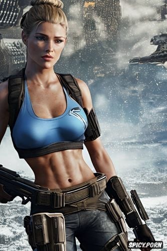 ultra detailed, k shot on canon dslr, anya stroud gears of war tight gray female gear officer uniform lightly tan skin shoulder length dirty blonde hair in a bun blue eyes small perky natural tits beautiful face milf masterpiece
