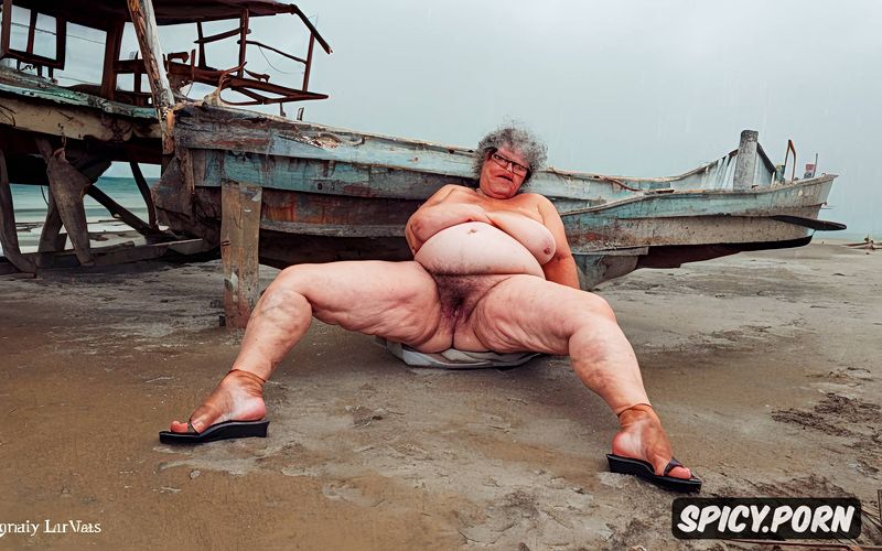 ninety year old, inside an abandoned boat on a desolate beach