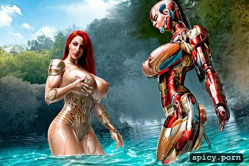 milf, massive breasts, full body, nude, in water, lewd iron man armour
