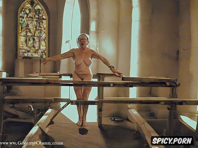 church, full naked, showing pussy, pulpit, fat hanging belly