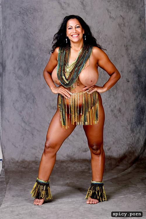 performing, beautiful smiling face, giant hanging boobs, 54 yo beautiful tahitian dancer