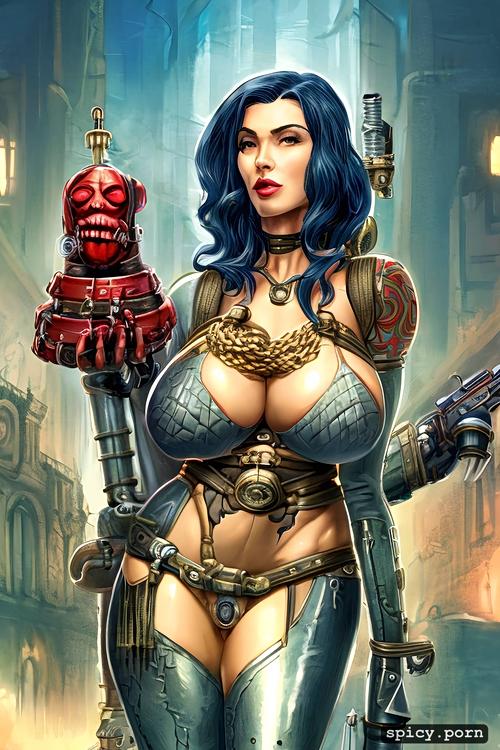 realistic, ultra detailed, tattoos, solid colored, style steampunk