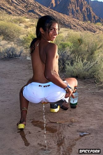 pissing chocolate syrup, looking at viewer, embarrassed indian teen bony miniature hiker squats in big bend desert