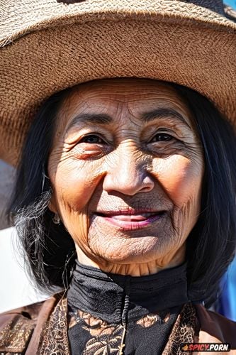 pov, super closeup, face photo 90 year old mongolian woman with round facial features and high cheekbones