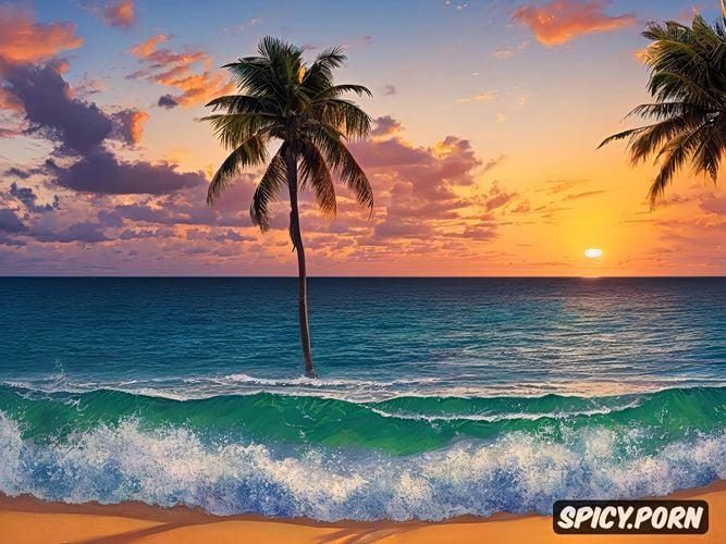 palm island in the background, portrait, sunrise, seashore, surfing