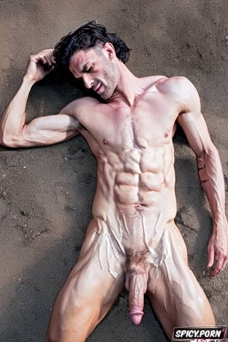 oiled up shine of muscles, very handsome man, six pack abs, a path of hair to the pubis