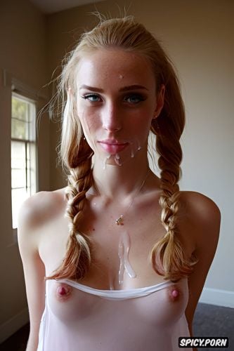 ultra realistic, very young, seductive, cum on lips, braided ponytail