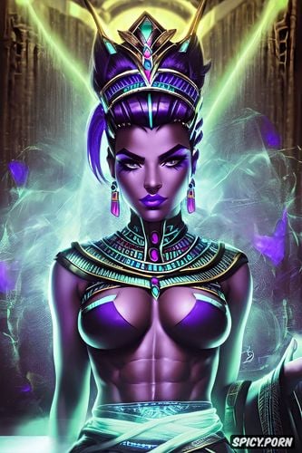 ultra detailed, sombra overwatch female pharaoh ancient egypt pharoah crown royal robes beautiful face portrait muscles